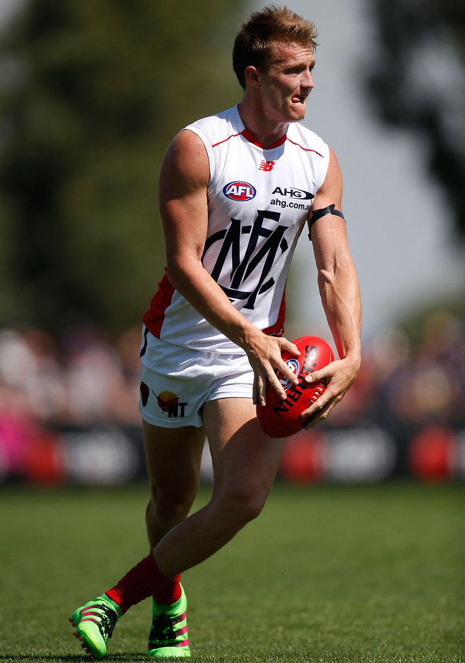 AFL 2016 NAB Challenge - Western Bulldogs v Melbourne MELBOURNE, AUSTRALIA - MARCH 6: Aaron vandenBerg of the Demons in action during the 2016 NAB Challenge match between the Western Bulldogs and the Melbourne Demons at Highgate Recreational Reserve, Craigieburn on March 6, 2016. (Photo by Michael Willson/AFL Media)